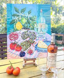 Oil painting Still life with lemons artichoke figs and wine Food art  Wall decor Matisse inspired Original painting art