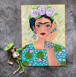 Original acrylic painting Frida Kahlo Portrait on paper Woman artist Woman portrait Mexican art Naive Abstract Art gift