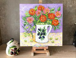 Original oil painting with flowers Bouquet with olive branch Still life Flowers painting Wall decor Fauvism Naive art