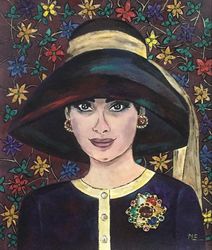 Lady in hat Audrey Hepburn Woman portrait Original acrylic painting on paper Fauvism Wall decor Interior art Art gift