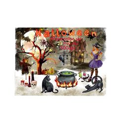 Watercolor Halloween Clipart, Halloween Png, Witch On Broomstick, Haunted House, Pumpkins, Cat, Hat, Broomstick, Witch B