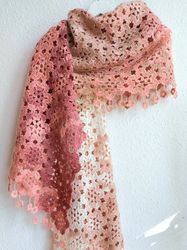 Crochet shawl scarf for women, knitted openwork shawl, laced shawl scarf beige and pink, gift for mom, women, granny