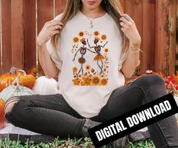 Fall Dancing Skeletons Sunflowers PNG, Ethnic Line Art Floral, Sublimation, Instant Download, Digital Download, Shirt De