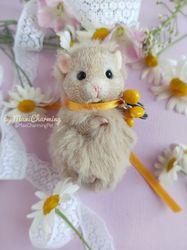 Cute hamster doll tan beige color 8 cm Made of soft fur and polymer clay OOAK It is collectible toy