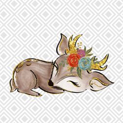 Sleeping Baby Deer PNG, Glitter Floral Deer Horn Png, Deer Horn Png,