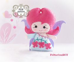 Felt doll pattern, Felt baby doll, Felt handmade doll, PDF felt pattern, Cute tiny fairy flower, Dicenter flower fairy