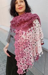 Crochet shawl scarf for women, hand knitted openwork shawl, laced shawl burgundy and white, gift for mom, women, granny