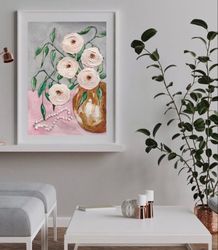Acrylic flowers painting Still life with white flowers and pearls Original Abstract artwork Flowers bouquet Wall Decor
