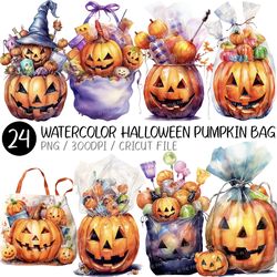 Watercolor Halloween Pumpkin Bag PNG | Candy Bucket, Lollipop, Clipart, Ghost, Packaging, Cookie, Snack, Vintage, Basket