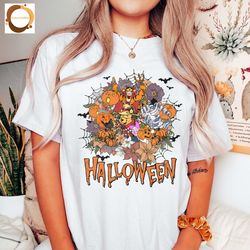 Halloween Bear And Friends Flowers Digital File Png, Happy Halloween Retro Flowers Mummy Sublimation png