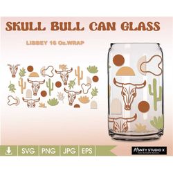 Full wrap Desert cactus skull bull ,Glass Wrap Svg,boho bull can glass svg,cacti svg,16oz Libbey Can Glass Wrap,for Circ
