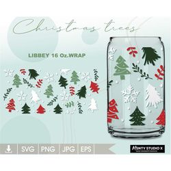 Fullwrap Christmas tree can glass SVG, Christmas Libbey Svg, Winter for 16oz Libbey Cutfile, snow flake Svg Dxf Png File