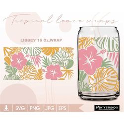 Full wrap Tropical Leaf Glass Wrap Svg,Summer tropical leaf can glass svg,Monstera svg,16oz Libbey Can Glass Wrap,for Ci