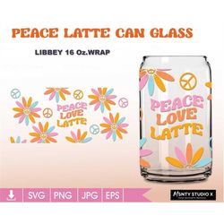 Peace Love Latte, can Glass Wrap Svg ,  latte coffee svg ,Libbey 16oz can glass svg, Coffee glass can, Beer glass svg ,f