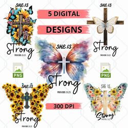 She Is Strong Colorful Wings Png Print File For Sublimation Or Print, Dtg, Christian Sublimation, Bible Sublimation, Bib