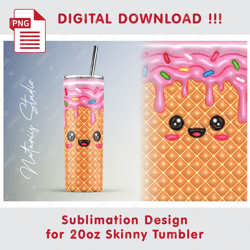 Cute 3D Inflated Puff Kawaii Ice Cream Template - Seamless Sublimation Pattern - 20oz SKINNY TUMBLER - Full Wrap