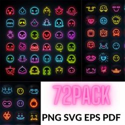 72 Smiley Face Neon Sign, Emoji Neon Sign, Aesthetic Neon Sign, Y2k Neon Sign Smiley Face Svg Bundle, Smiley Face,png,ep
