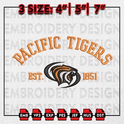 NCAA Pacific Tigers Embroidery files, NCAA Embroidery Designs, Pacific Tigers Machine Embroidery Pattern
