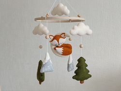Fox baby crib mobile Woodland nursery decor girl, forest hanging cot mobile, baby mobiles neutral, unique new baby gift