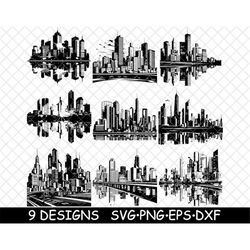 Cityscape Urban Skyline Panorama Metro Landscape Architecture SVG,DXF,Eps,PNG,Cricut,Silhouette,Cut,Laser,Stencil,Sticke