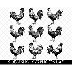 Rooster Chicken Cockerel Poultry Cock Male Crow Farm Livestock SVG,DXF,Eps,PNG,Cricut,Silhouette,Cut,Laser,Stencil,Stick