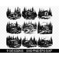 Log Wooden Cabin Rustic Timber Lodge Cottage Home Retreat Forest SVG,DXF,Eps,PNG,Cricut,Silhouette,Cut,Laser,Stencil,Sti