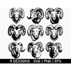 Ram Bighorn Sheep Head Curved Antler Ovis Aries Ruminant Animal PNG,SVG,Eps,Cricut,Silhouette,Cut,Laser,Stencil,Sticker,