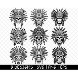 Ancient Aztec Skull Warrior, Army feathered headdress, PNG,SVG,EPS-Cricut-Silhouette-Cut-Engrave-Stencil-Sticker,Decal,V