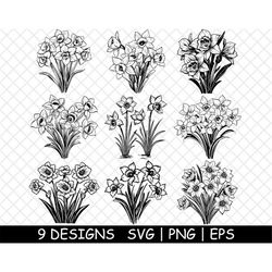 Daffodil Spring Flower Bloom Garden Bouquet Floral PNG,SVG,EPS,Cricut,Silhouette,Cut,Engrave,Stencil,Sticker,Decal,Vecto