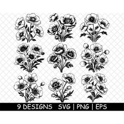 Anemone Flowers Blooms Bouquet Wedding Decor Spring PNG,SVG,EPS,Cricut,Silhouette,Cut,Engrave,Stencil,Sticker,Decal,Vect