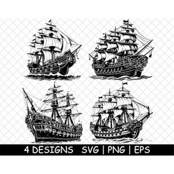 Galleon Sailing Vessel Wooden Ship | Naval Pirate Historic Boat | SVG-PNG-Eps|Cut-Cricut-Sticker-Wood Laser-Decal-Stenci