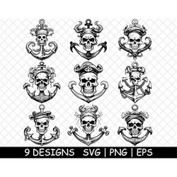 Pirate Skull Anchor Maritime Ship Sailor Symbol Tattoo PNG,SVG,EPS-Cricut-Silhouette-Cut-Engrave-Stencil-Sticker,Decals,