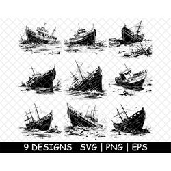 Shipwrecked Aground Sunken Ship Remnants Submerged Ruin PNG,SVG,EPS,Cricut,Silhouette,Cut,Engrave,Stencil,Sticker,Decal,