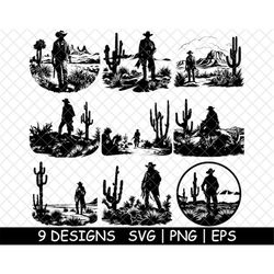 Cowboy Wild West Mojave Desert Monument Valley Cactus PNG,SVG,EPS,Cricut,Silhouette,Cut,Engrave,Stencil,Sticker,Decal,Ve