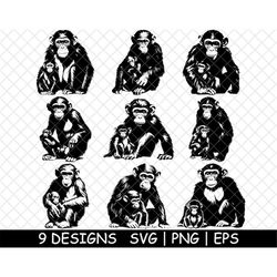 Chimpanzee Primate Ape Monkey Baby Mother Parent, PNG,SVG,EPS,Cricut,Silhouette,Cut,Engrave,Stencil,Sticker,Decal,Vector