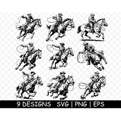 Cowboy Roping Rodeo Western Cattle Lasso Ropers Ranch PNG,SVG,EPS-Cricut-Silhouette-Cut-Engrave-Stencil-Sticker,Decal,Ve