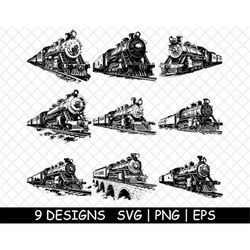Steam Locomotive Vintage Train Railway Engine Tracks PNG,SVG,EPS-Cricut-Silhouette-Cut-Engrave-Stencil-Sticker,Decal,Vec