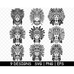 Ancient Aztec Female Warrior, feathered headdress, PNG,SVG,EPS-Cricut-Silhouette-Cut-Engrave-Stencil-Sticker,Decal,Vecto