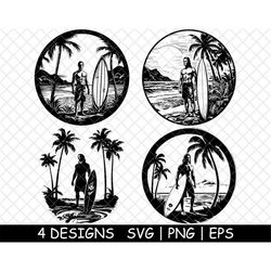Surfer Dude, Surfboard, Wave Beach Ocean | Island Lifestyle  | SVG-PNG-EPS, Cut-Cricut-Sticker-Wood Laser-Decals-Stencil