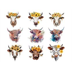 Bundle of 9 Cow Head Transparent PNGs | High-Quality Cow Clipart for Sublimation, Printables, and Crafts