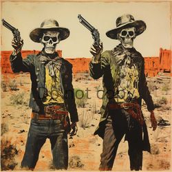 Halloween Theme Design - Two Skeleton Cowboys - 1950's Western - Instant Digital Download - SVG PNG Design File