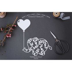Flower Elephant with Heart Balloon - Papercut Template | Machine Cut | Cricut Silhouette |  Svg Dxf Png Jpg | Kids | Nur