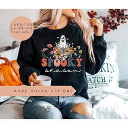 Spooky Season Sweatshirt, Flower Halloween Sweatshirt, Ghost Halloween Sweatshirt, Fall Sweatshirt For Women, Retro Hall