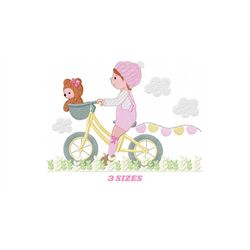Girl with bike embroidery designs - Baby girl with bear embroidery design machine embroidery pattern - Cyclist Bicycle f