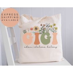Gigi Tote Bag With Grandkids Names, Personalized Gigi Wildflowers Tote Bag ,Grandkids Names Tote Bag, Custom Grandma Tot