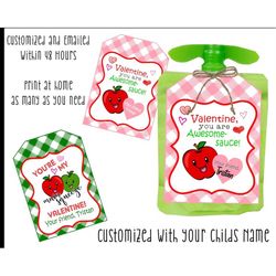 Customized Applesauce Pouch Valentine's Day Tag Label- Printable - Print at Home - Printable Valentine Cards for Kids