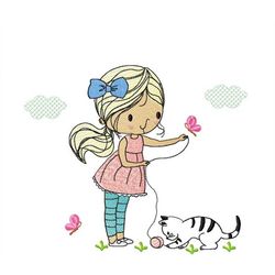girl with cat embroidery design - baby girl embroidery design machine embroidery pattern - kid embroidery file - instant