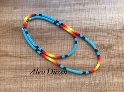 Extra long Native American Style Necklace, Blue Necklace, Southwest Necklace, Ethnic Beadwork Necklace, Native Beadwork,