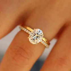 14k Oval Engagement and Wedding Ring |Yellow Gold |Promise Ring |Diamond Ring |Simulant Ring Pair |Solitaire Ring Pair