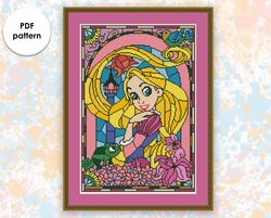 Stained glass cross stitch pattern "Rapunzel" SG002 - xstitch chart, cartoons and movies cross stitch characters